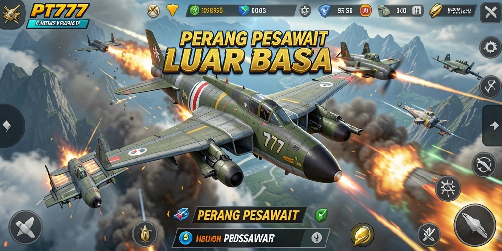 Antarmuka PT777 yang menampilkan pertempuran pesawat di langit yang mengagumkan.